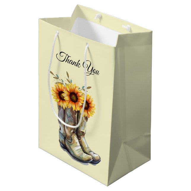 Rustikale Cowboy Boots mit Sonnenblumen Danke Mittlere Geschenktüte (Vorderseite Schrägansicht)