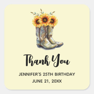 Rustikale Cowboy Boots mit Sonnenblumen Danke Quadratischer Aufkleber