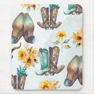 Rustikale Cowboy Stiefel und Sonnenblumen Aquarell Mousepad