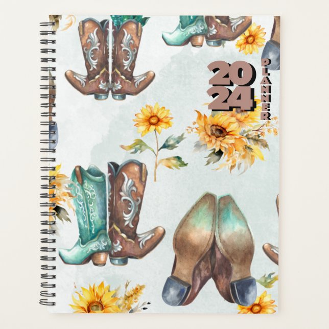 Rustikale Cowboy Stiefel und Sonnenblumen Aquarell Planer (Vorderseite)
