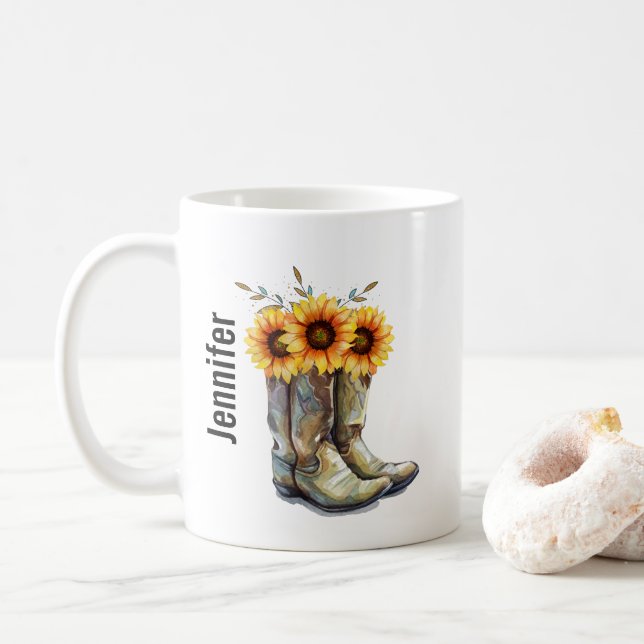 Rustikale Cowboystiefel mit Sonnenblumen Kaffeetasse (Mit Donut)