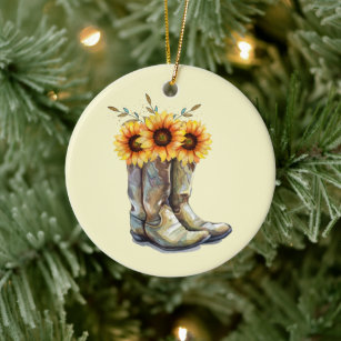 Rustikale Cowboystiefel mit Sonnenblumen Keramik Ornament