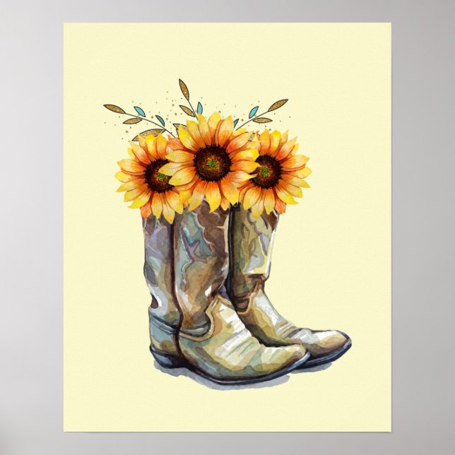 Rustikale Cowboystiefel mit Sonnenblumen Poster (Vorne)
