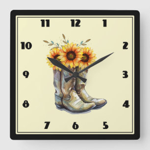 Rustikale Cowboystiefel mit Sonnenblumen Quadratische Wanduhr