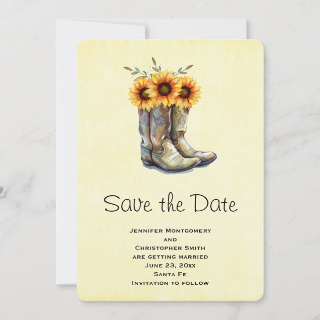 Rustikale Cowboystiefel mit Sonnenblumen Save the  Save The Date (Vorderseite)