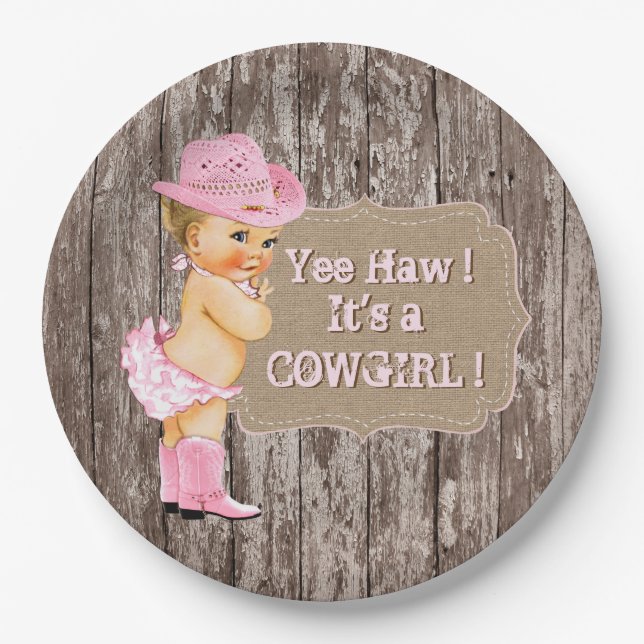 Rustikale Cowgirl Babydusche Pappteller (Vorderseite)