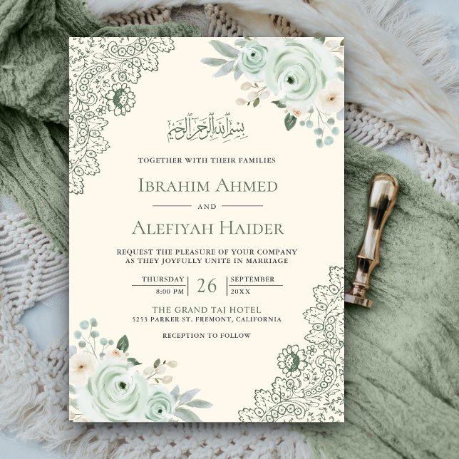 Rustikale Cream Sage Green Floral Lace muslimische Einladung (Von Creator hochgeladen)