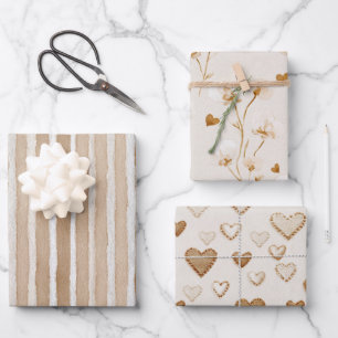 Rustikale Creme Braune Herzen Streifen Geburtstag Geschenkpapier Set