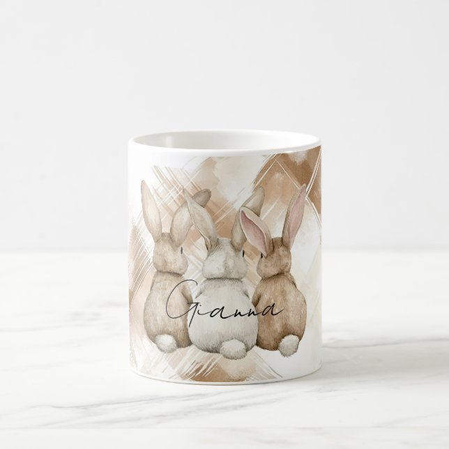 Rustikale cremebraune Streifen drei Häschen Kaninc Kaffeetasse (Mittel)