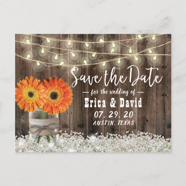 Rustikale Daisy Floral Jar Wedding Save the Date Ankündigungspostkarte (Vorderseite)