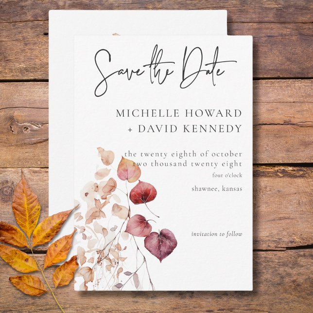 Rustikale Delikatesse Burgund & Rust Herbstlaub Save The Date (Rustic Delicate Burgundy & Rust Fall Leaves Save The Date)
