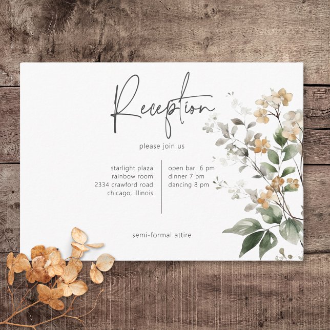 Rustikale Delikatesse Tan Fall Wildblumen Empfang Begleitkarte (Rustic Delicate Tan Fall Wildflowers Wedding Reception Card)