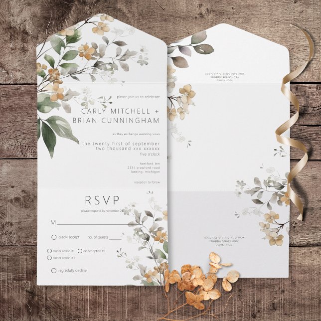 Rustikale Delikatessen Tan Fall Wildblumen Abendes All In One Einladung (Rustic Delicate Tan Fall Wildflowers All In One Wedding Invitation with Dinner Options)