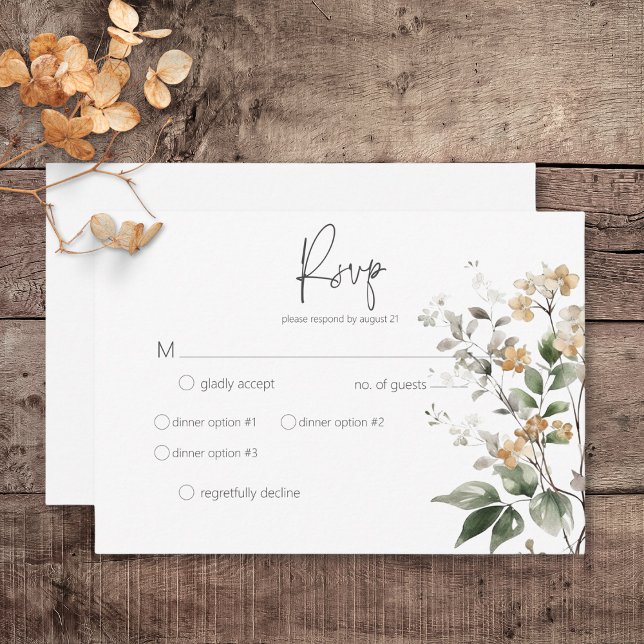 Rustikale Delikatessen Tan Fall Wildblumen Abendes RSVP Karte (Rustic Delicate Tan Fall Wildflowers Wedding Response Card with Dinner Options)