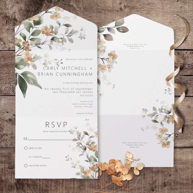 Rustikale Delikatessen Tan Fall Wildblumen Kein Ab All In One Einladung (Rustic Delicate Tan Fall Wildflowers All In One Wedding Invitation without Dinner Options)