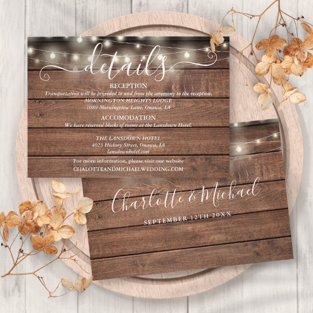 Rustikale Details zur Hochzeitsskritik in Holzreih Begleitkarte (Rustic Wood String Lights Script Wedding Details Enclosure Card)