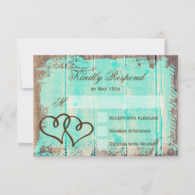 Rustikale Doppelherzen Aqua Wood Wedding RSVP Kart (Vorderseite)