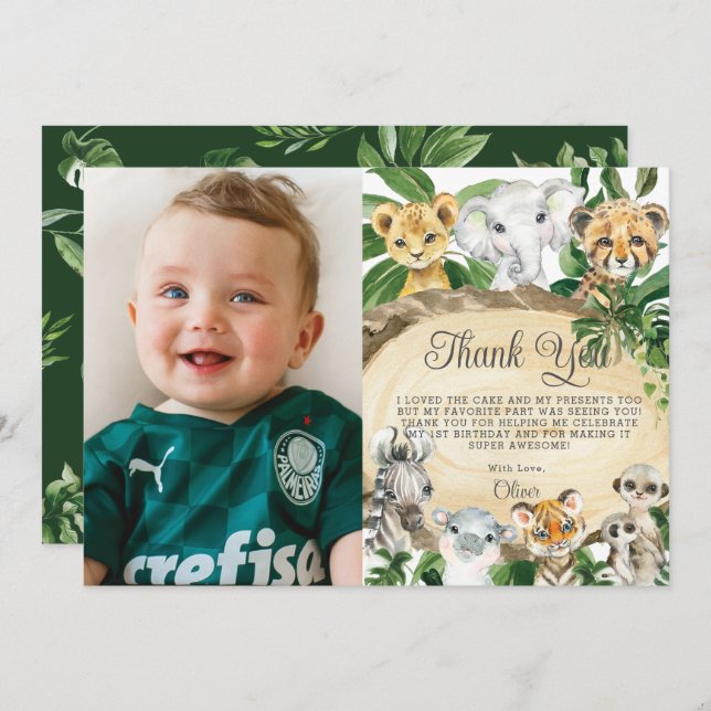 Rustikale Dschungeltiere Holzgrün Geburtstagsgebir Dankeskarte (Vorne/Hinten)
