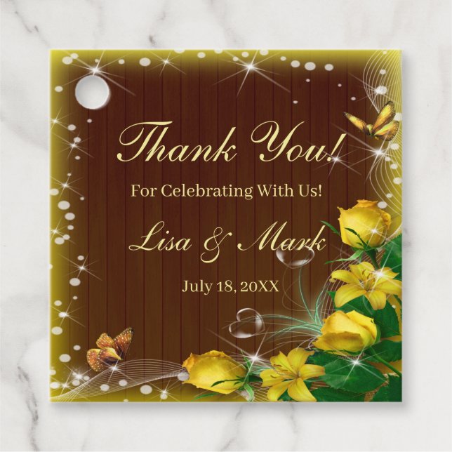 Rustikale Dunkelholz-Gelbe Blütenschmetterlingshoc Geschenkanhänger (Vorderseite)