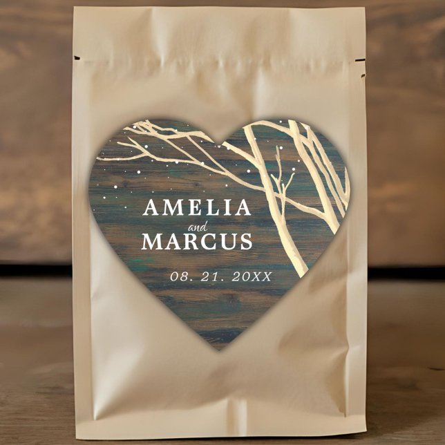 Rustikale Dunkelwald Winterbaum Weiße Script Hochz Herz-Aufkleber (Von Creator hochgeladen)