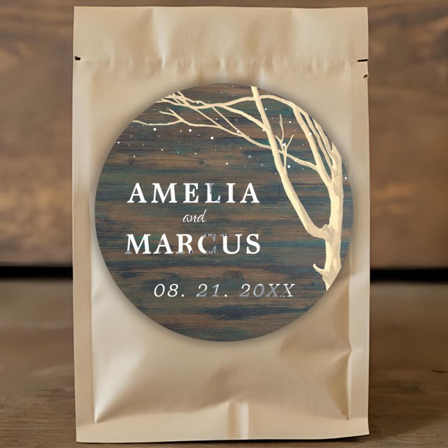 Rustikale Dunkelwald Winterbaum Weiße Script Hochz Runder Aufkleber (Von Creator hochgeladen)