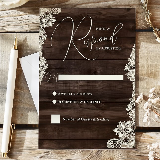 Rustikale dunkle Holz- und Spitzen-Hochzeitsantwor RSVP Karte (Rustic Dark Wood and Lace Wedding Response Card)