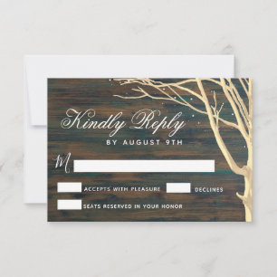 Rustikale dunkle Holzbaum-Hochzeit im Herbst und W RSVP Karte
