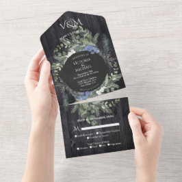 Rustikale dunkle Holzblüte und Pinienhochzeit All In One Einladung