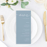 Rustikale Dusty Blue Calligraphy Wedding Menu Card Menükarte<br><div class="desc">Rustikale Dusty Blue Calligraphy Wedding Menu Cards Minimalistische Wedding Menu Cards | Moderne Speisekarte,  Abendmenü für Hochzeiten,  rustikales Buffet zum Hochzeitsessen und Getränkekarte,  einfache kalligraphische rustikale Hochzeitsmenüs,  rustikales Hochzeitsmenü,  Menü für Hochzeitstische</div>