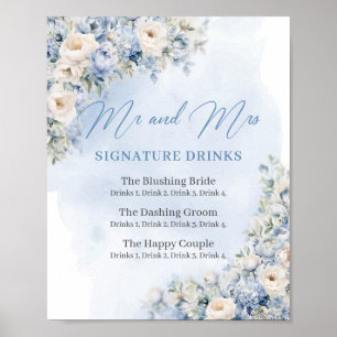 Rustikale Dusty Blue Floral Gold Signature Drinks Poster