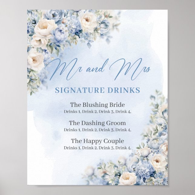 Rustikale Dusty Blue Floral Gold Signature Drinks Poster (Vorne)