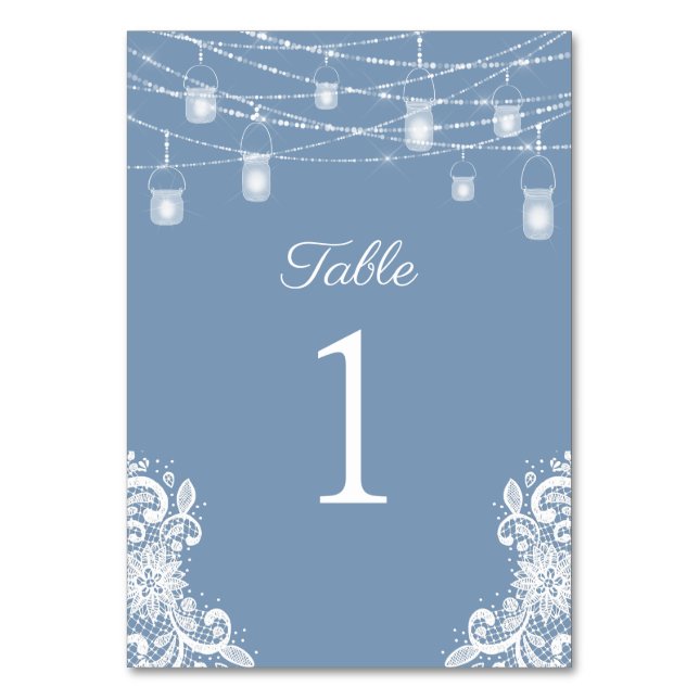 Rustikale Dusty Blue Lights Wedding Tischnummer (Vorderseite)