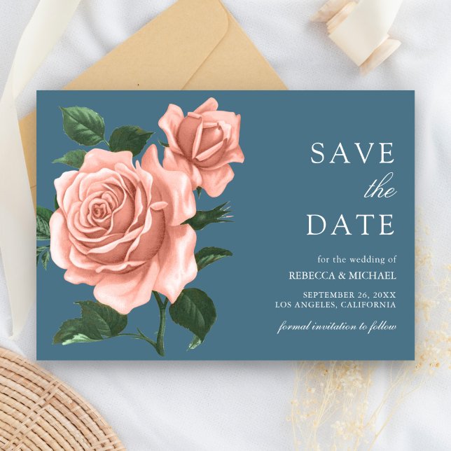 Rustikale Dusty Blue Peach Rose Hochzeit Save The Date (Von Creator hochgeladen)