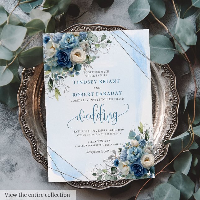 Rustikale Dusty Blue Silver Rose Hochzeit Einladun Einladung (Rustic Dusty Blue Silver Roses Wedding Invitation)