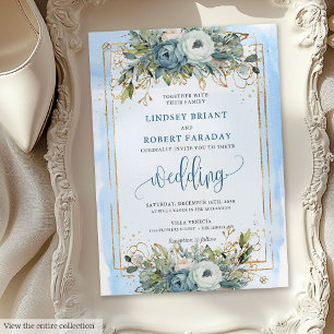 Rustikale Dusty Blue White Gold Floral Wedite Einladung