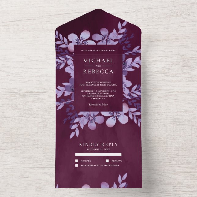 Rustikale Dusty Lila Floral Bouquet Plum Wedding All In One Einladung (Innen Boden)