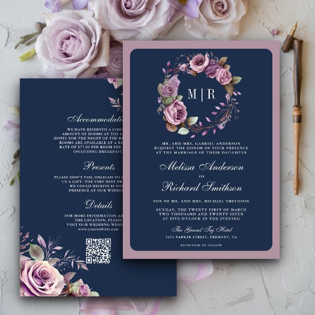 Rustikale Dusty Lila Floral Navy QR Code Hochzeit Einladung (Von Creator hochgeladen)
