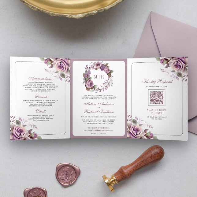 Rustikale Dusty Lila Floral QR Code Wedding Dreifach Gefaltete Einladung (Von Creator hochgeladen)