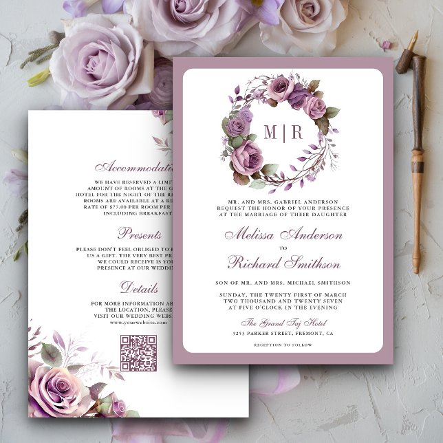 Rustikale Dusty Lila Floral QR Code Wedding Einladung (Von Creator hochgeladen)