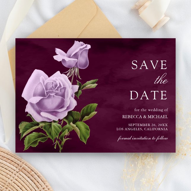 Rustikale Dusty Lila Rose Blumenpflaume Hochzeit Save The Date (Von Creator hochgeladen)