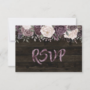 Rustikale Dusty Lila Rose Floral auf dunklem Holz RSVP Karte