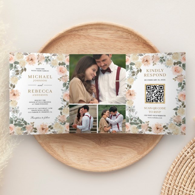 Rustikale Dusty Peach Floral Foto QR Code Hochzeit Dreifach Gefaltete Einladung (Von Creator hochgeladen)