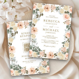 Rustikale Dusty Peach Floral QR Code Hochzeit Einladung