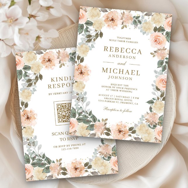 Rustikale Dusty Peach Floral QR Code Hochzeit Einladung (Von Creator hochgeladen)