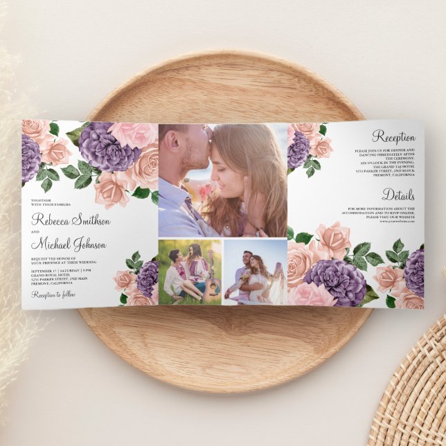 Rustikale Dusty Peach Lila Floral Wedding Dreifach Gefaltete Einladung (Von Creator hochgeladen)