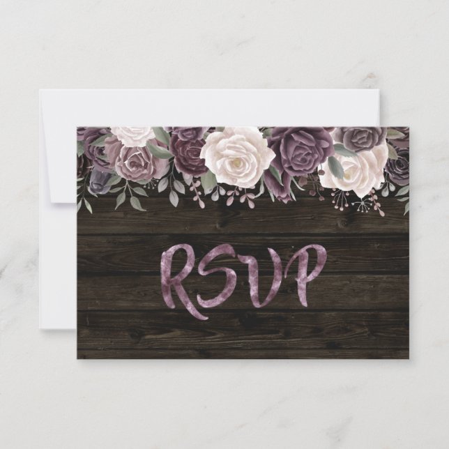 Rustikale Dusty Rose Floral auf dunklem Holz RSVP Karte (Vorderseite)