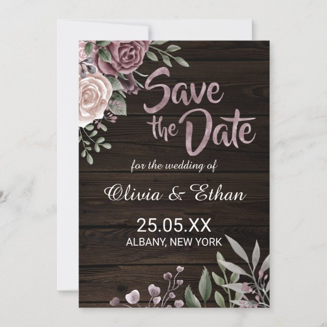 Rustikale Dusty Rose Floral auf dunklem Holz Save The Date (Vorderseite)