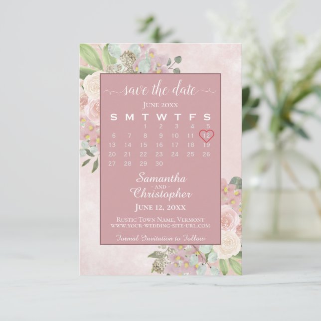 Rustikale Dusty Rose Frühjahrsblütenkalender Save The Date (Stehend Vorderseite)