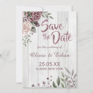 Rustikale Dusty-Rose mit Blumenmuster auf Holz Save The Date