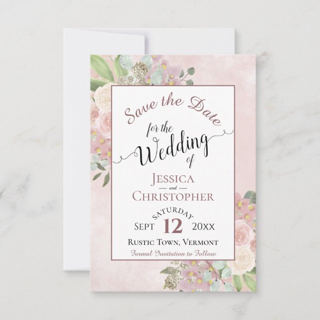 Rustikale Dusty Rose Rosa Blumenkalligrafie Save The Date (Vorderseite)